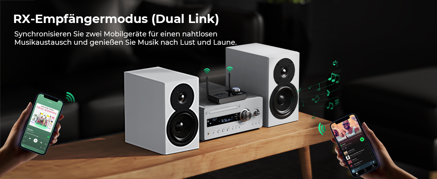 SOOMFON Bluetooth 5.3 Передавач-Приймач для 2 навушників, 3-в-1 Аудіоадаптер з подвійною антеною, Bluetooth Передавач-Приймач для ТВ/Стереосистеми, з регулюванням гучності, Aux/Cinch/Оптичний