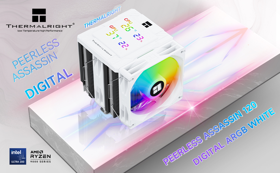 Кулер для процесора Thermalright Peerless Assassin 120 Digital Black, з цифровим дисплеєм, 6 тепловими трубками, ARGB, для AM4/AM5, Intel LGA1700/1851/1200/115x, чорний