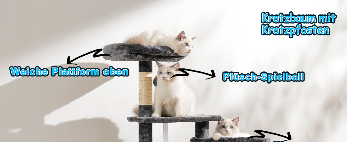 Котячий будиночок Hey-brother Kratzbaum 108 см, багатоярусний котячий комплекс з когтеточками, рампою, кошиком, будиночком та іграшкою-помпоном (димно-сірий), MPJ007SW