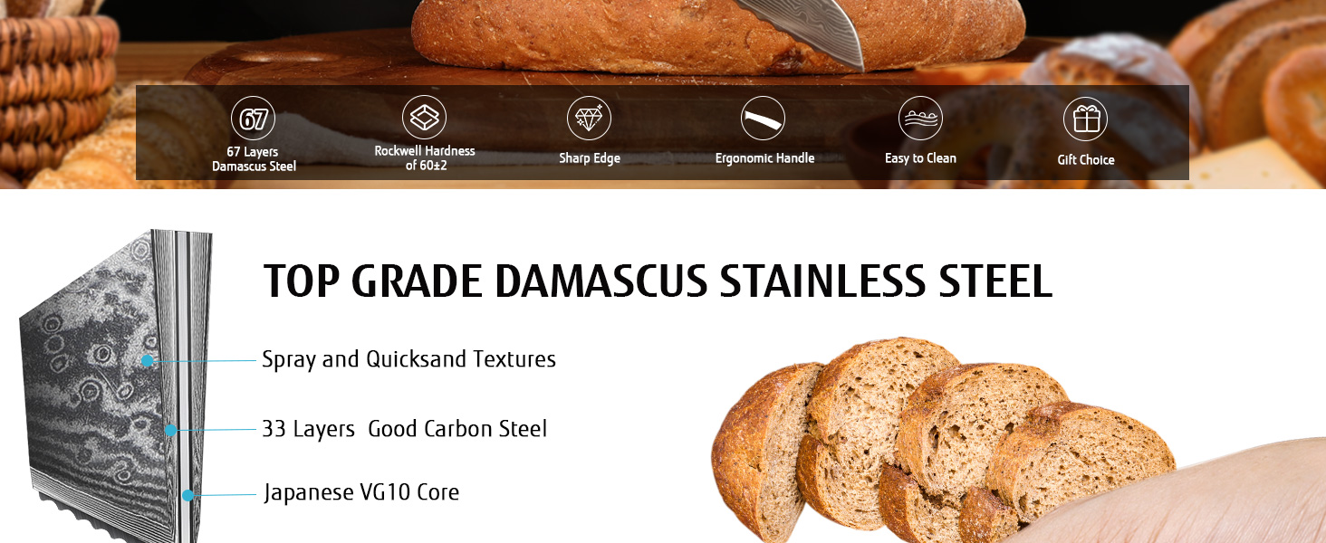 Японський ніж з дамаської сталі Hecef, 20 см, професійний кухонний ніж з ергономічною ручкою з смоли, 67 шарів, з захистом для ножа, подарунок для шеф-кухаря та любителів кулінарії