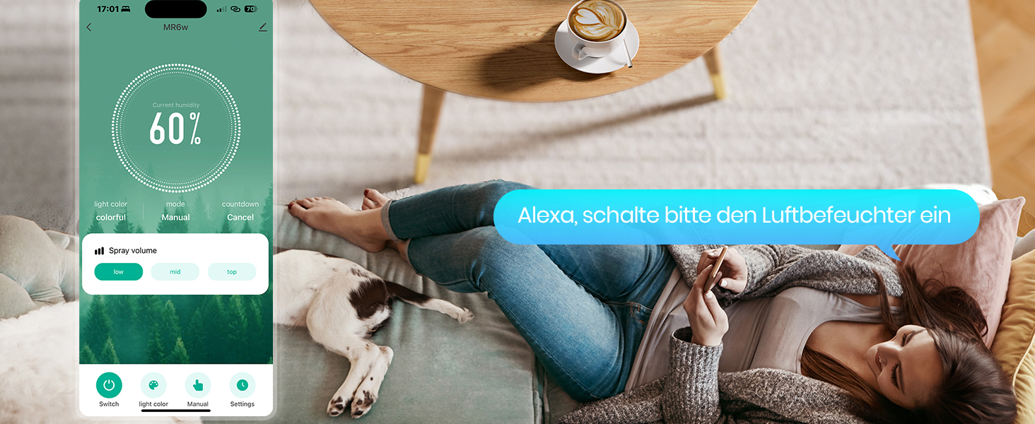 Зволожувач повітря EZBASICS Smart з верхнім заповненням 6L, 360° поворотна насадка, зволожувач та аромадифузор для дитячої кімнати, рослин, з програмою та голосовим керуванням, 1 упаковка + 7 нічників