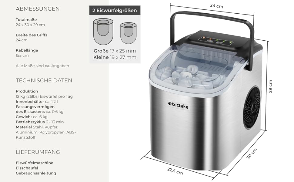 Машина для приготування льоду tectake® - приготування 9 кубиків за 6 хвилин, 12 кг за 24 години, об'єм 1,2 л, 2 розміри кубиків, самоочищення, з лопаткою для льоду, срібна
