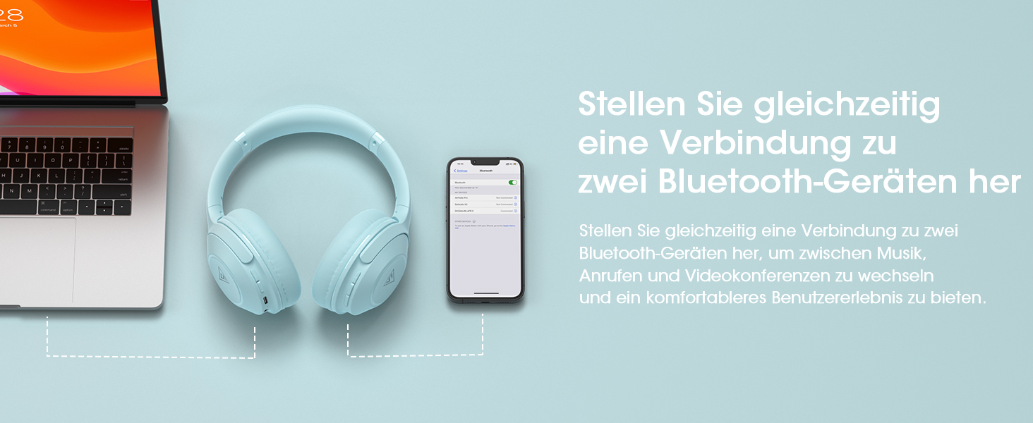 Бездротові навушники DOQAUS Bluetooth з тривалим часом роботи (70 годин), Over-Ear, Bluetooth 5.4, з кабелем, 3 режими EQ, HiFi стерео для подорожей/телефону/ПК (блакитні)