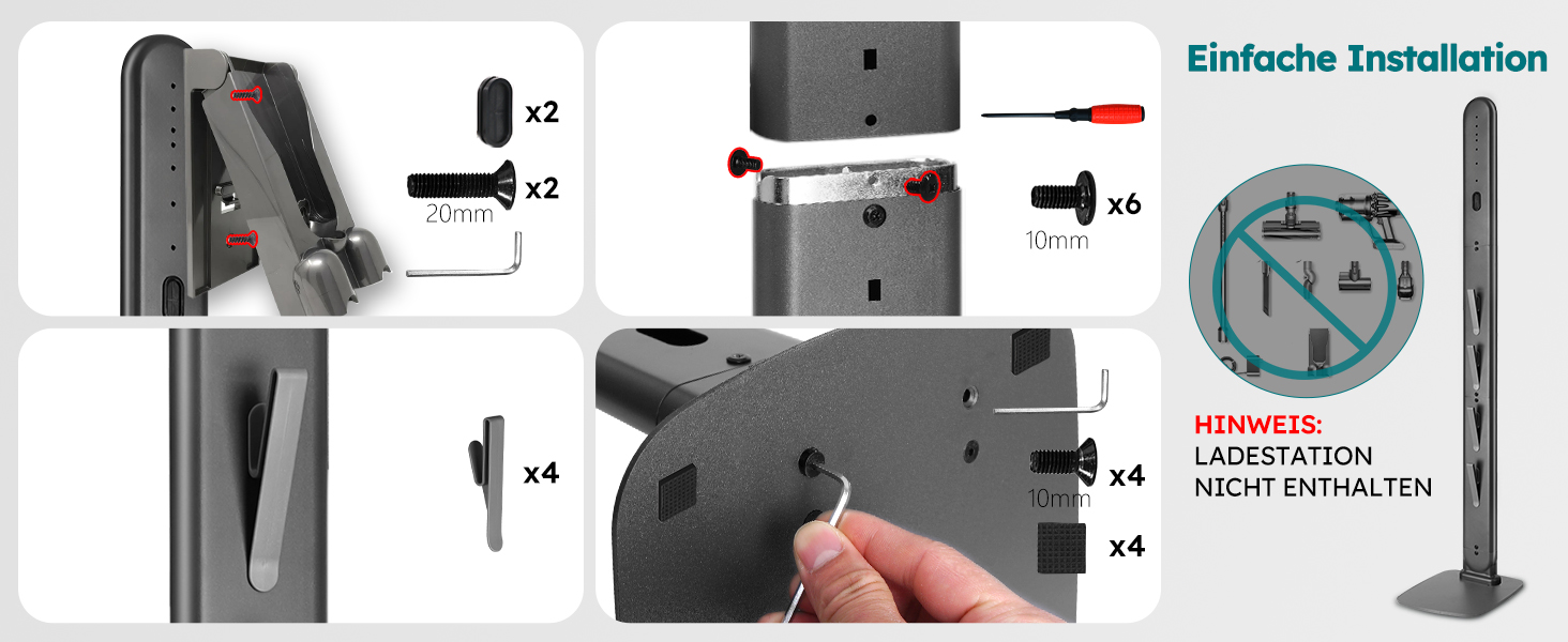 Стійка для пилососів Dyson G5, V15, V12, V11, V10, V8, V7, V6, металева, з 4 гачками та 4 полицями, без свердління, стабільна, підлогова, приховане кріплення кабелю (Темно-сірий)