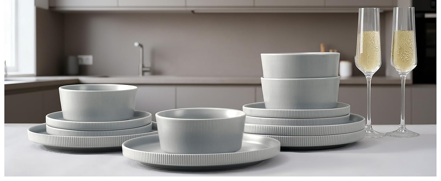 Набір посуду Jiwoo для 4 осіб (12 предметів): тарілки, десертні тарілки, супові миски. Bone China, матовий сірий колір, для мікрохвильовки та посудомийної машини
