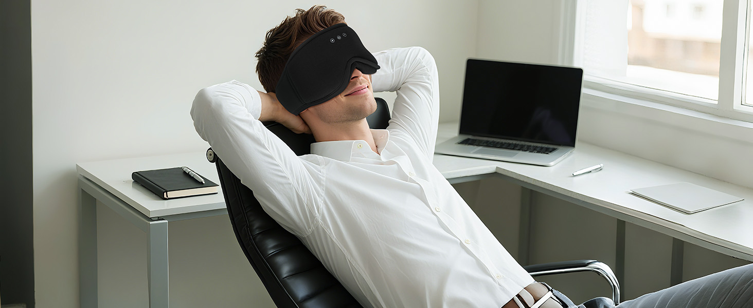 Сплющена маска для сну Musicozy з навушниками, бамбукова тканина, Bluetooth v5.4, 3D дизайн, для тих, хто спить на боці, з мікрофоном, чорна