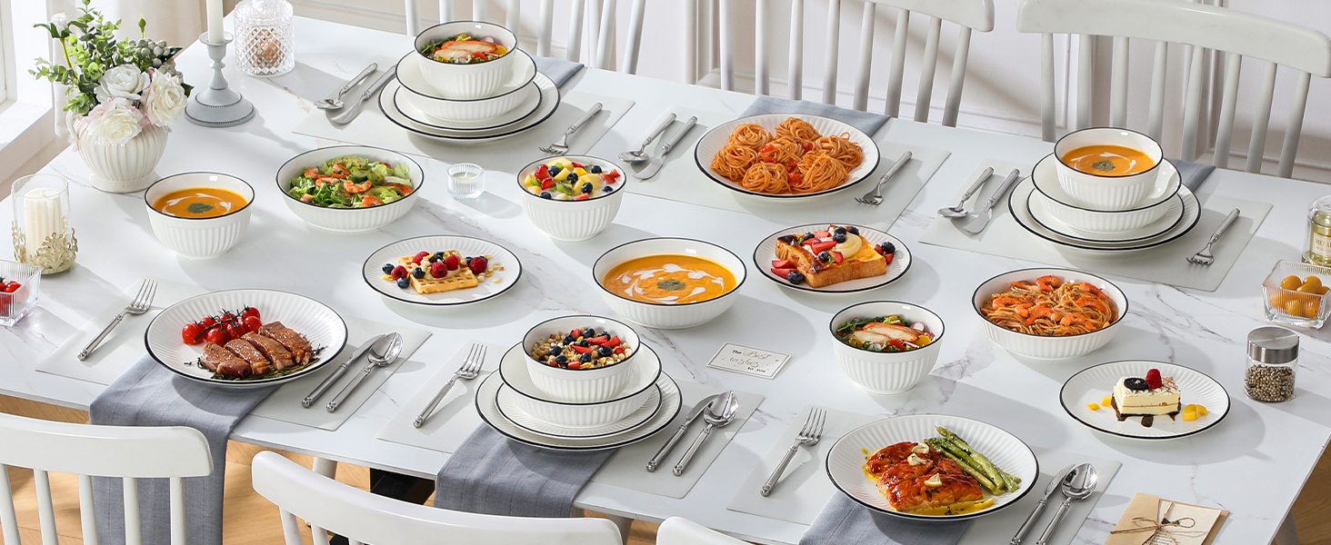 Набір посуду MALACASA LEILA для 6 осіб, 24 предмета: тарілки, миски, порцеляна, ручне рельєфне оформлення, підходить для мікрохвильової печі та посудомийної машини, білий з чорним контуром