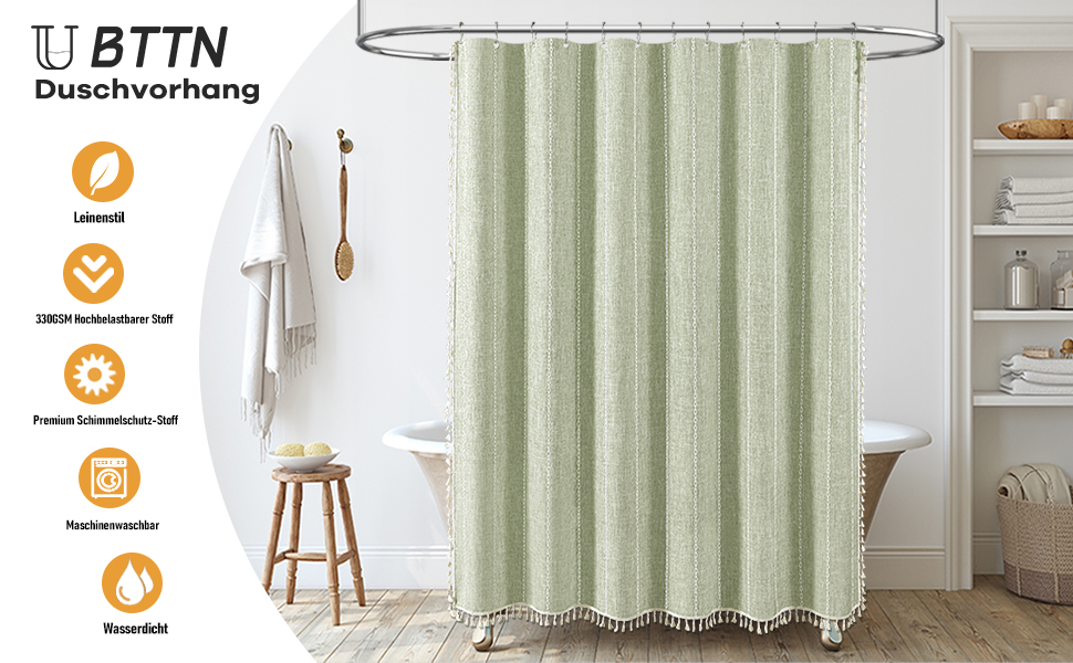 Шторка для душу BTTN 182 x 200 см, Бохо Ферма, важка тканина з рустикальним дизайном та бахромою, Водостійка, з 12 гачками, (Зелений, смугастий, H200 x B180 см (1 шт))
