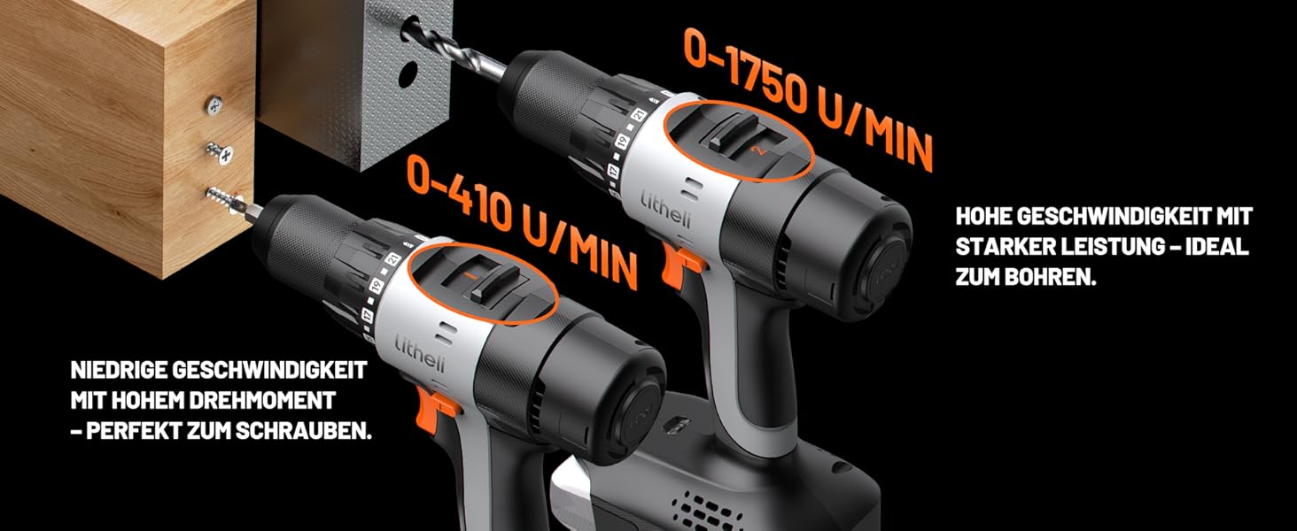 Акумуляторний дриль-шуруповерт Litheli 20V з акумулятором 10000mAh, 60 Nm, 17+1 ступенів, патрон 13 мм, 2 швидкості, LED-підсвічування, для дому
