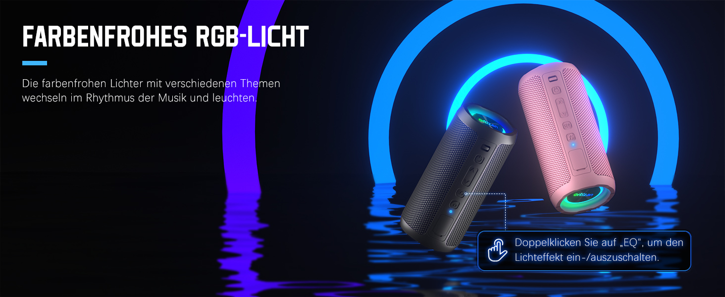 Портативна Bluetooth колонка Ortizan з підсвічуванням, IPX7 водонепроникність, подвійний бас, 30 годин роботи, функція гучного зв'язку, чорна