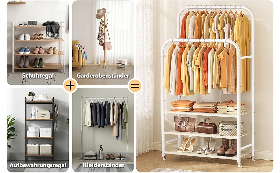 Вішалка для одягу HOMIDEC з 3 полицями, подвійна штанга на колесах, металевий каркас, біла - до 80 кг