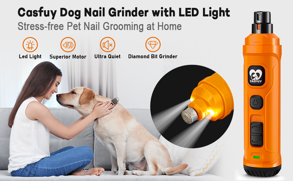 Електричний точило для собак та котів Casfuy з LED-підсвіткою, 2 швидкості, тихе, потужне, для малих та середніх порід, помаранчеве