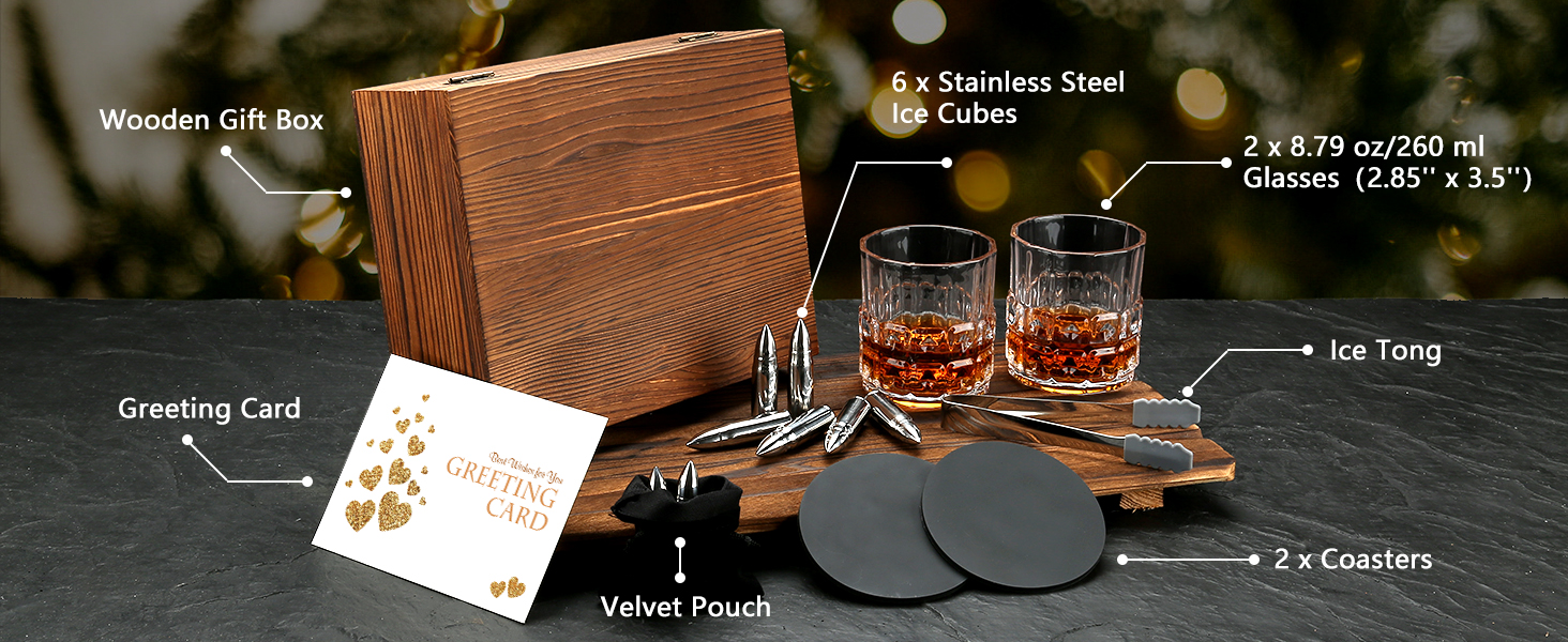 Набір віскі Sovyime: 2 склянки та 6 каменів для віскі. Подарунок для чоловіків, на день народження, річниця, для партнера, батька