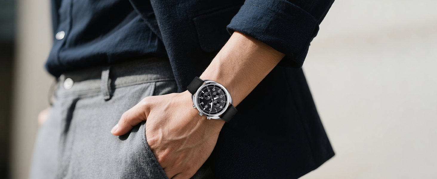 Чоловічий годинник SAPPHERO: кварцовий, аналоговий, з шкіряним ремінцем. Класичний бізнес-годинник, водостійкий (50 м), з арабськими цифрами, хронограф, чорний колір. Модель 2215