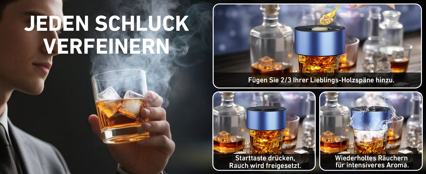 Електричний набір для копчення віскі з 6 дерев'яними чіпсами, перезаряджуваний набір для копчення з вбудованим запальником, без бутану, ідея подарунка для чоловіків, батька, чоловіка або друга, з LED-підсвічуванням, блакитний, EU