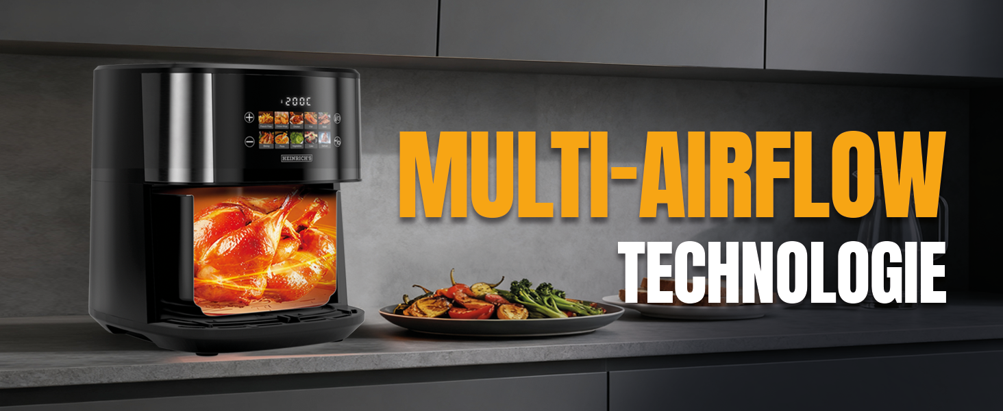 Фритюрниця повітряна HEINRICHS 9 літрів XXL з LED-дисплеєм, 10-в-1, 1800W, для здорового харчування, з таймером