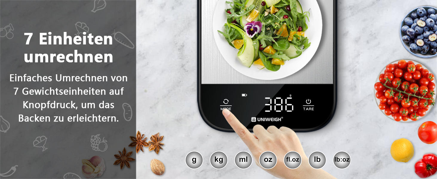 Кухонні ваги UNIWEIGH: цифрова вага для продуктів, грам/унція, випічка, приготування їжі, LED дисплей, функція тарування, нержавіюча сталь, чорний колір