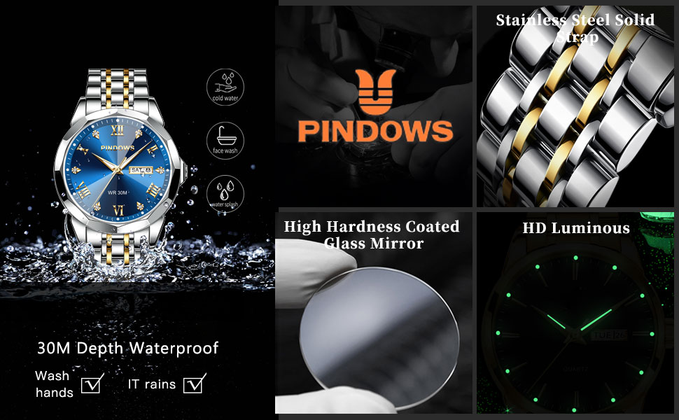 Годинник чоловічий PINDOWS Luxus Quarz з датою, великим циферблатом, водонепроникний, модний, бізнес-стиль. Елегантний двоколірний годинник з нержавіючої сталі з підсвічуванням та календарем. Срібний браслет, синє циферблат De650n3
