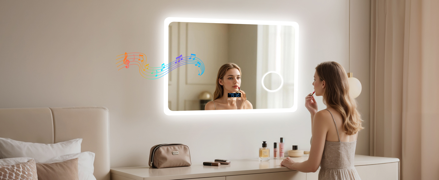 Дзеркало для ванної кімнати LUVODI з підсвічуванням 100x70 см: годинник, температура, дата, проти запотівання, регулювання яскравості, 3 кольори світла, функція пам'яті, LED, Bluetooth, збільшення 3x