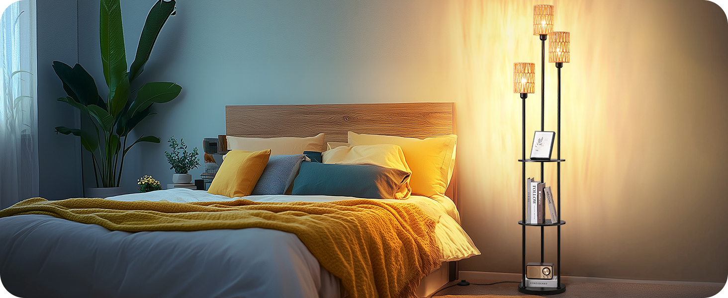 Стійка лампа EDISHINE для вітальні з трьома плафонами, вінтажний стиль, полиця, абажур з ротангу, 3 x E27, з лампочками, бохо-стиль, з вимикачем на ніжці, 178 см, чорний