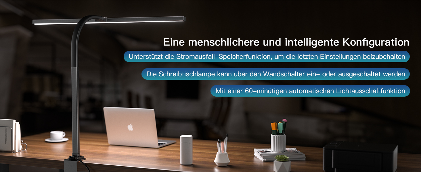 LED лампа настільна з авторегулюванням яскравості, 80 см, кріплення-прищіпка, регулювання колірної температури, захист для очей, денне світло, таймер, матовий чорний
