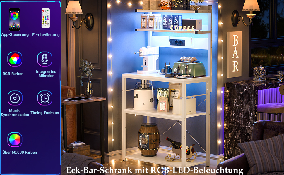 Кухонна полиця-органайзер з розеткою, стійка для мікрохвильовки, 5-ярусна кавобар з LED-підсвічуванням, полиця для спецій, каструль та сковорідок (60см, білий)