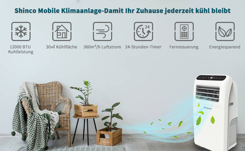 Мобільний кондиціонер SHINCO 12000 BTU (3,5 кВт) з виносним шлангом, охолодження, вентиляція, осушення, для приміщень до 90 м³, білий