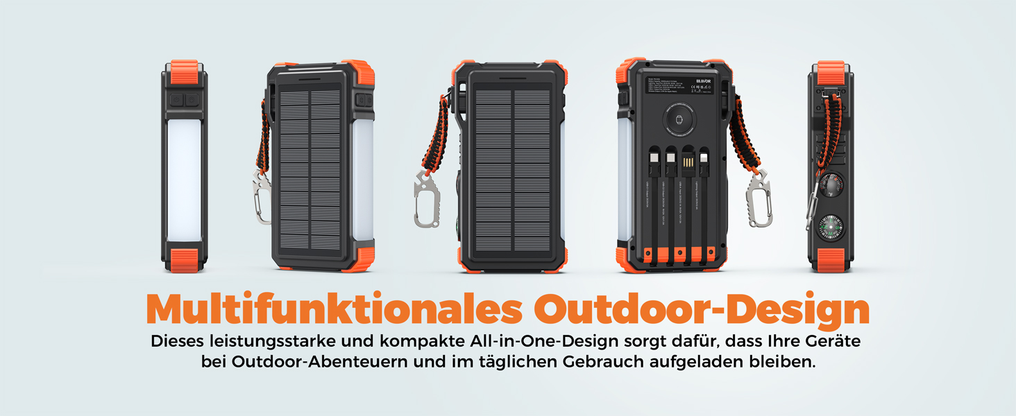 Портативний зарядний акумулятор BLAVOR Solar 20000mAh з кабелем, 20W, сонячний, USB-C, для телефонів та Apple Watch, з ліхтариком та карабіном, оранжевий