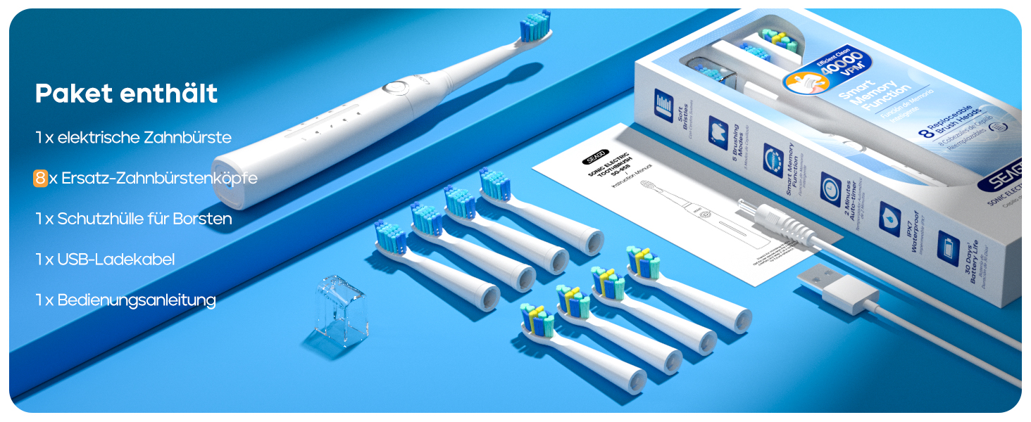 Електрична звукова зубна щітка Seago SG-958 (біла), 40000 вібрацій/хв, 5 режимів, 8 насадок, USB-зарядка
