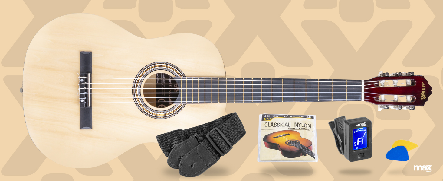 MAX SoloArt Акустична гітара 4/4 для початківців - Комплект з чохлом, тюнером, медіатором, ременем та аксесуарами