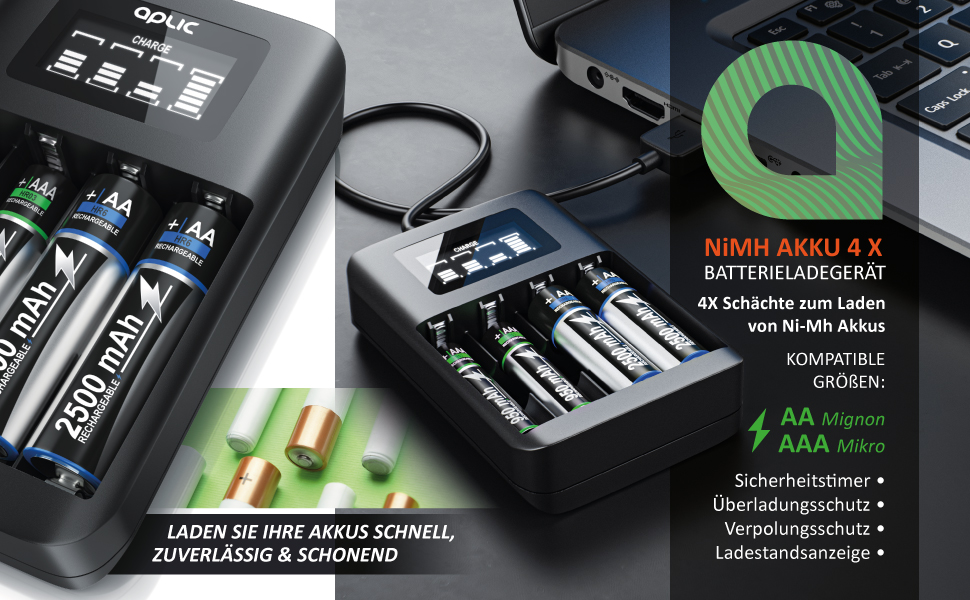 Зарядний пристрій для акумуляторів CSL - 4 слоти AA/AAA NiMH з LCD-дисплеєм, чорний