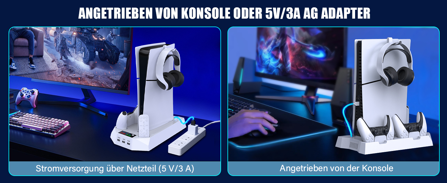 Підставка для PS5 Slim/Pro з зарядною станцією для контролера, RGB-підсвічуванням, вентилятором, тримачем для навушників та USB-хабом, чорно-біла (біла Q211)