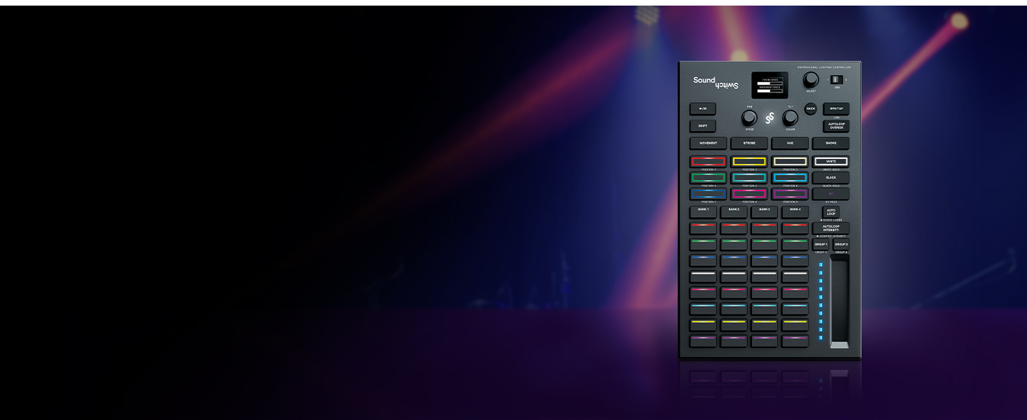 SoundSwitch Control One – Професійний контролер освітлення DMX для DJ з 3 місяцями доступу до програмного забезпечення SoundSwitch, підтримка DMX та Phillips Hue. Чорний колір