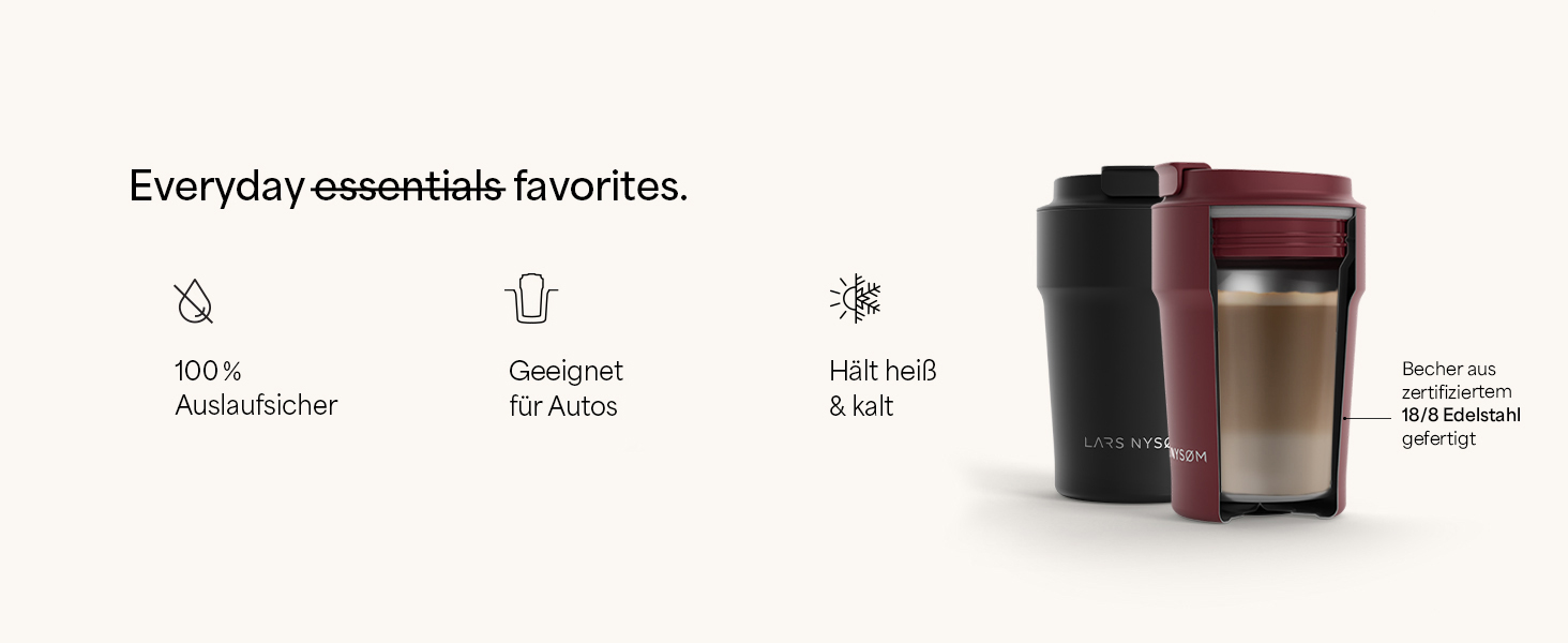 Термокружка LARS NYSØM 380 мл - термокружка для кави та чаю з нержавіючої сталі | З ізоляцією, без витоку, для подорожей | Berry Red/Carbon Black
