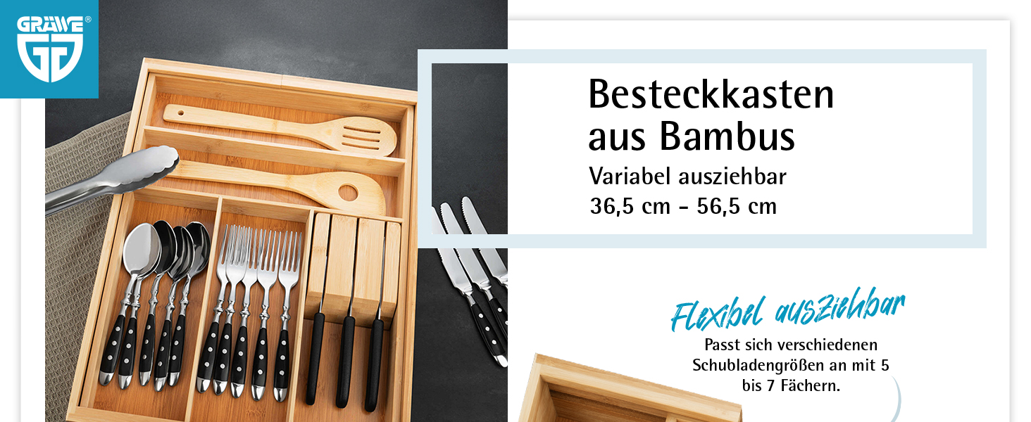 Органайзер для столових приборів Gräwe з бамбука для кухонних шухляд, змінний, розсувний 28.5-40.5 см, дерев'яний вигляд