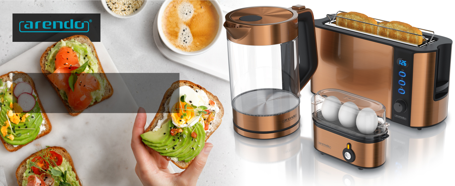 Електричний чайник та тостер SET з нержавіючої сталі та міді. Чайник 1.7л, 2200W з функцією підігріву. Тостер на 2 тости, 1000W з підставою для булочок та 6 рівнями підсмажування.