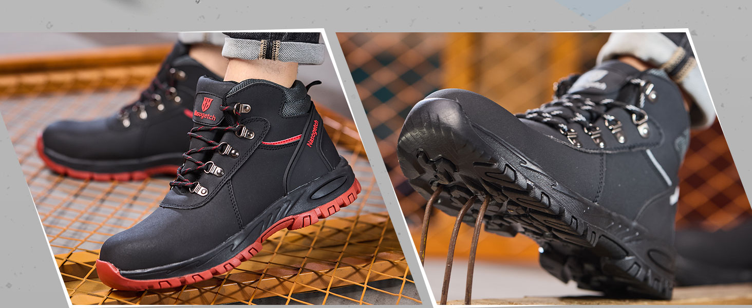 Черевики робочі зимові водонепроникні з металевим підсилювачем для жінок та чоловіків. Зимові робочі черевики, захисні черевики, антиковзаючі, чорно-червоні (39 EU)