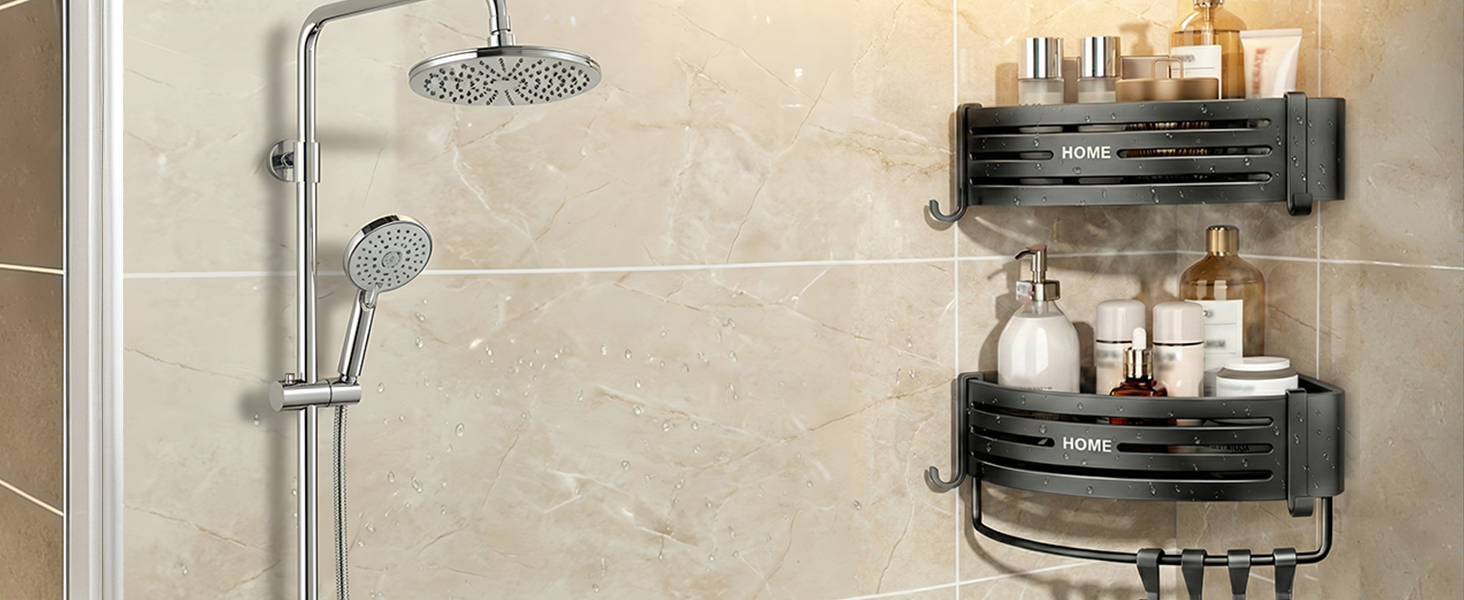 Дзеркальна поличка для душу Carehabi без свердління, 2 шт. з 8 гачками, чорна. Органайзер для ванної кімнати, кухні