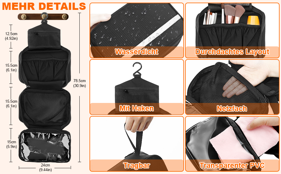 Чоловіча та жіноча косметичка для подорожей з відділеннями, водонепроникна, з гачком, зелена (чорна)