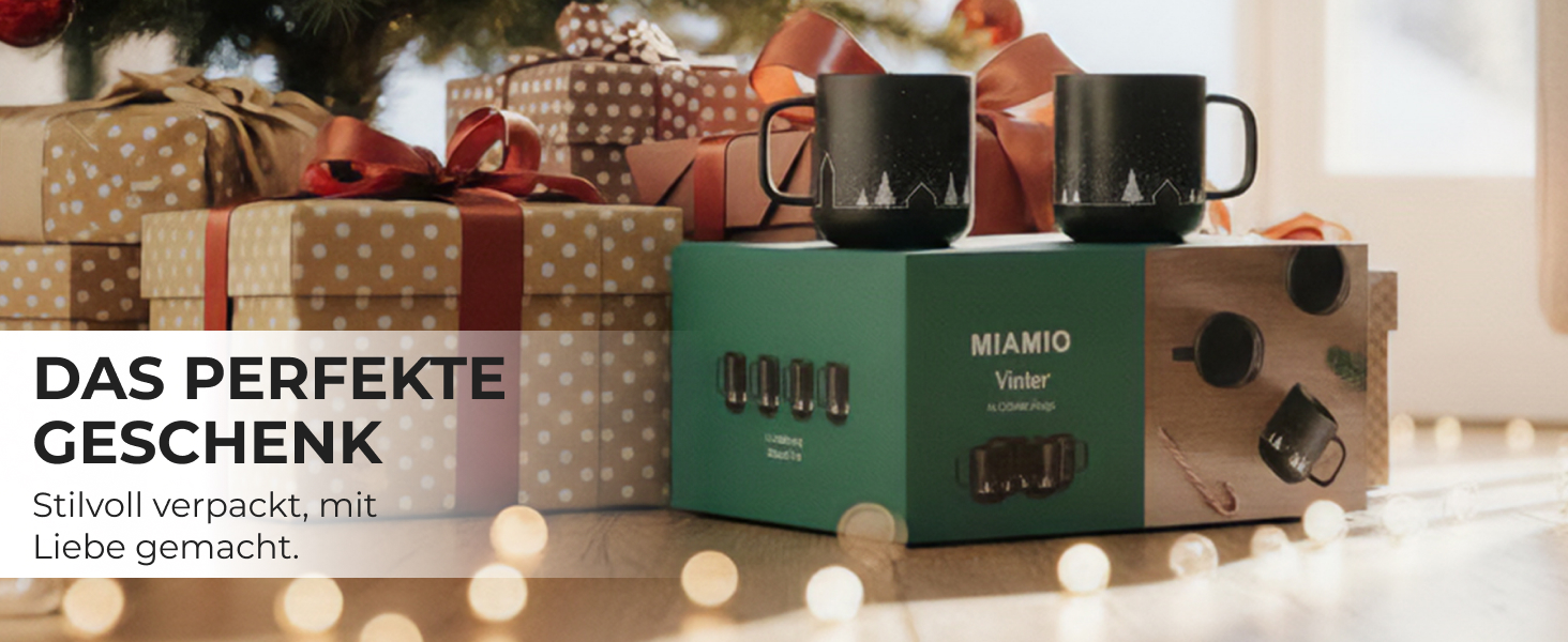 Набір з 4 чашок MIAMIO для святкування Різдва, 500 мл, чорний колір / Кавові чашки на Різдво, мінімалістичний зимовий мотив, подарунок на Різдво, безпечні для миття в посудомийній машині та використання в мікрохвильовій печі – Vinter Collection