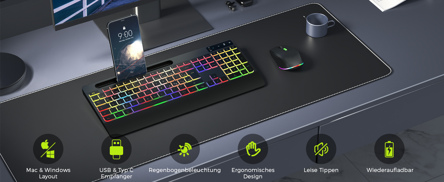 Бездротовий комплект клавіатури та миші Seenda JPX006 з підсвічуванням, USB/Type-C, QWERTZ, з підставкою для телефону та підкладкою для зап'ястя, для PC/Windows/Mac, тихий клік, чорний