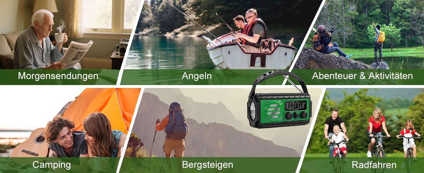 Сонячне радіо Kurbelradio з Powerbank 20000 mAh, AM/FM/SW/WB, Радіо погоди, 4 джерела живлення, ліхтарик, USB-C зарядний пристрій, SOS-сигнал, водонепроникність IPX6 для відпочинку на природі, кемпінгу, будівельних майданчиків (зелене)