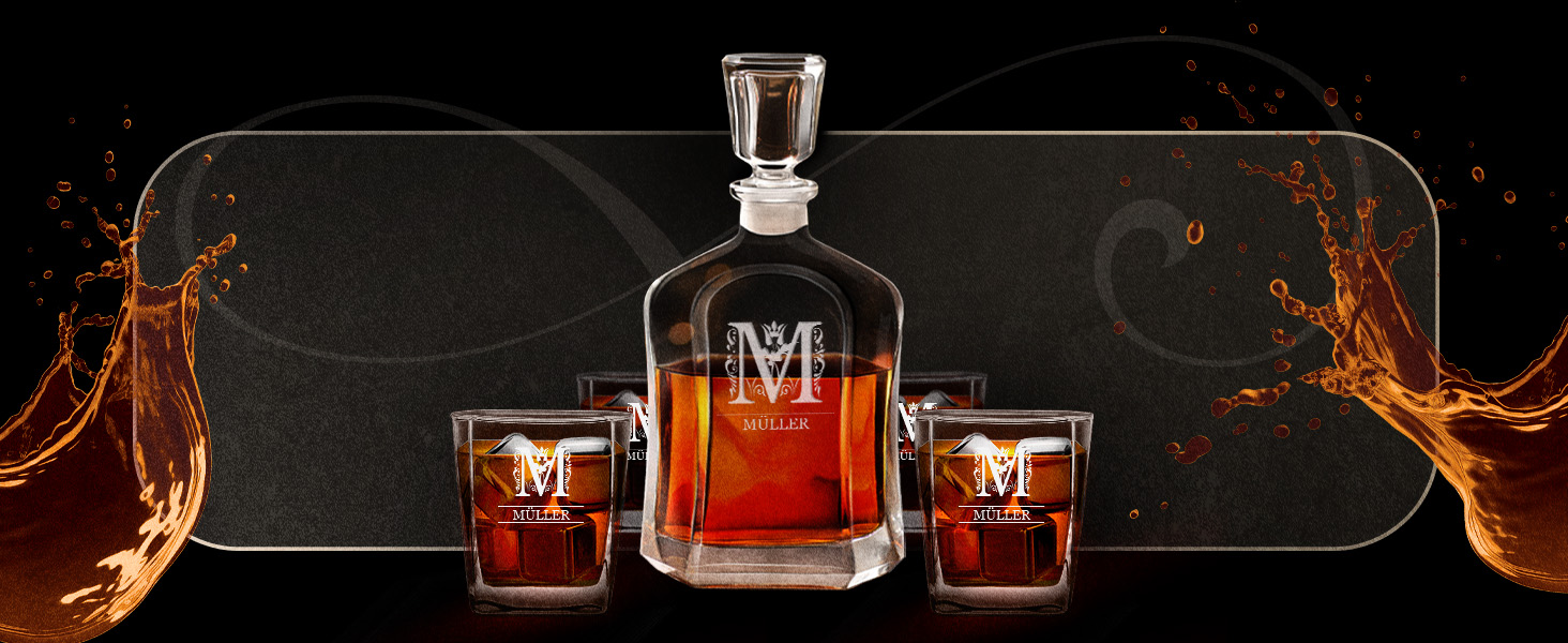 Maverton Whiskey Decanter + 2/4/6 Whiskey Glasses Set with Engraving - 700ml Whiskey Decanter - Christmas Gifts - Anniversary Gift for Couple - Monogram