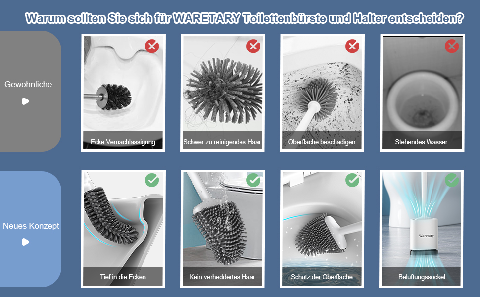 Набір для чищення унітазу Waretary з силіконовою щіткою та підставкою з нержавіючої сталі, гнучкий наконечник для глибокого очищення, швидковисихаючий, настінний/підлоговий для ванної кімнати (білий)