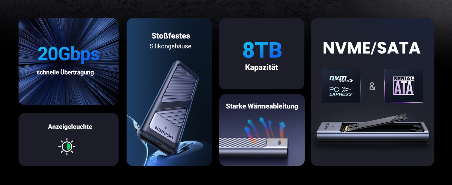 Зовнішній корпус для SSD UGREEN NVMe/SATA M.2 USB-C 3.2 Gen 2x2 20Gbps з кабелем Type-C