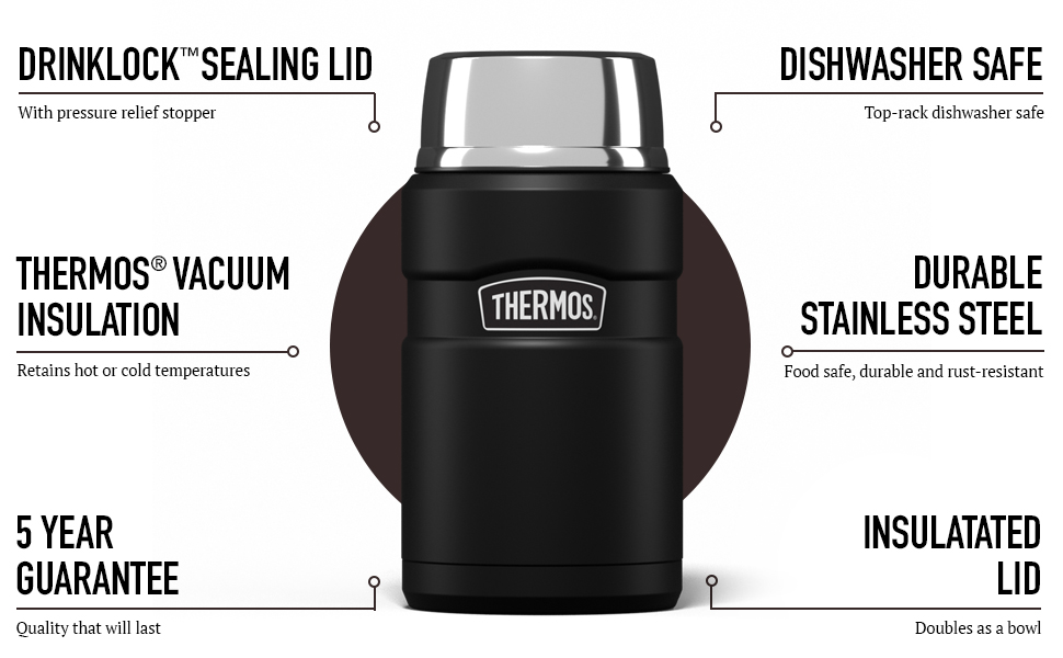 König Stainless Steel Thermos Flask - Matte Black (710ml) | Insulated Food Container