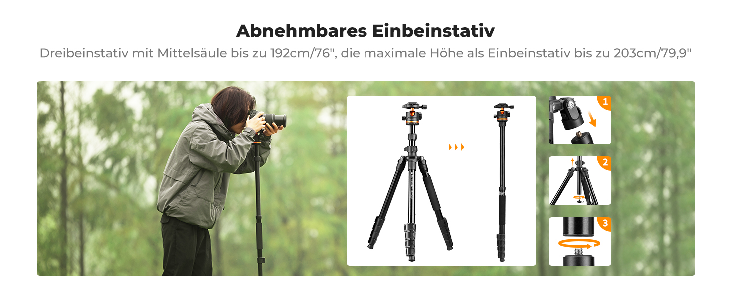 Штатив K&F Concept S255A3+BH-36, 190 см, для камери/DSLR/Camcorder, з тримачем для смартфона/планшета, чорний