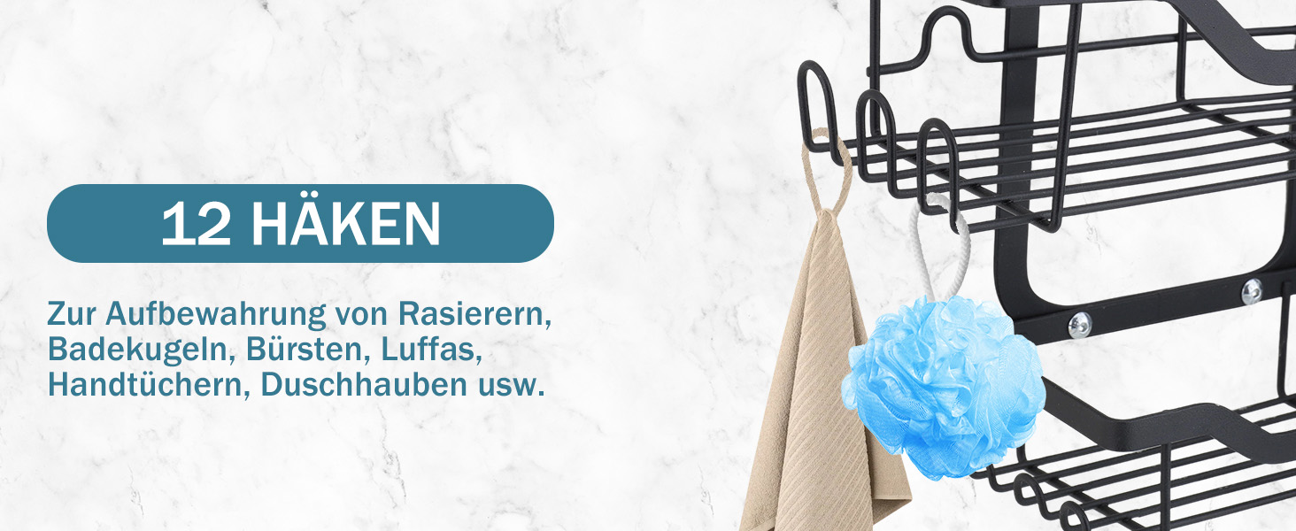 Настінна поличка для душу з тримачем для зубних щіток, нержавіюча сталь, 12 гачків, без свердління, органайзер для ванної кімнати