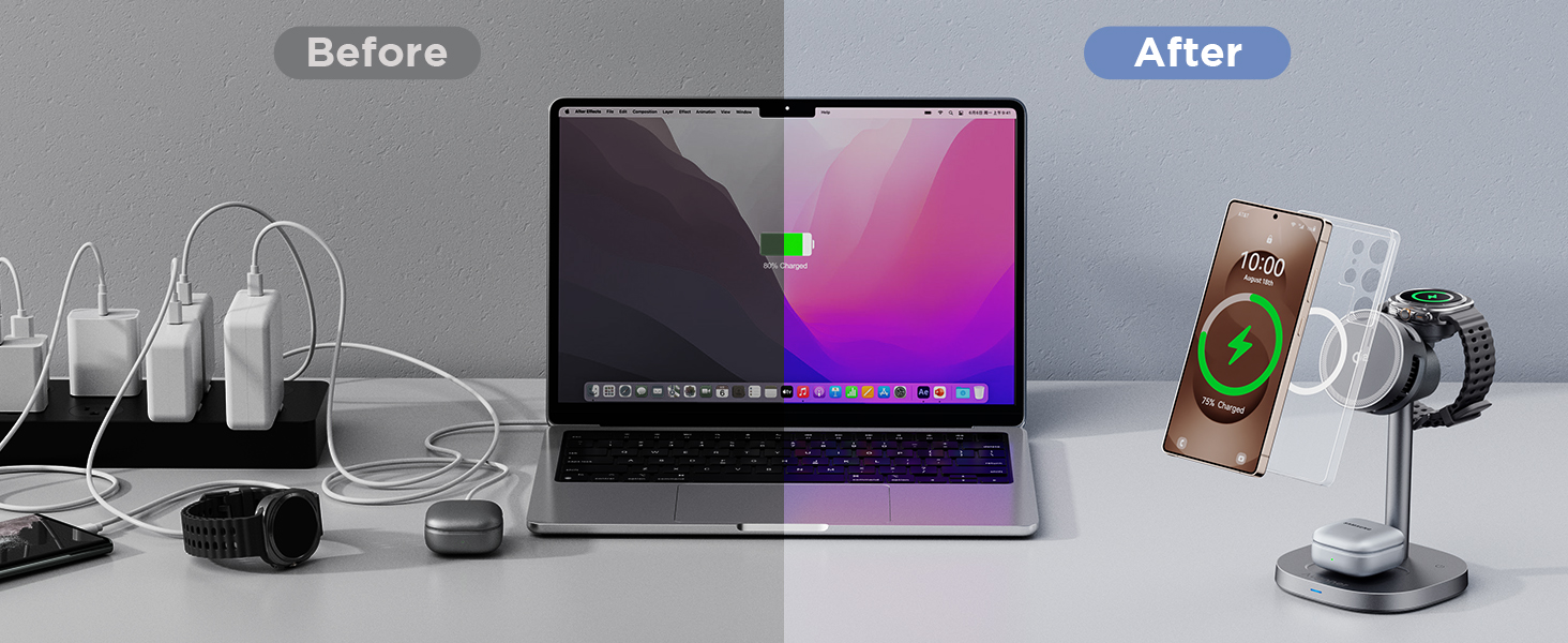 Бездротовий зарядний пристрій 3-в-1 Samsung 15W з охолодженням TEC, MagSafe для Galaxy S26 Ultra/S25/S24/Z Fold 7/Flip7, Watch Ultra/8/7, Buds4pro – Чорний