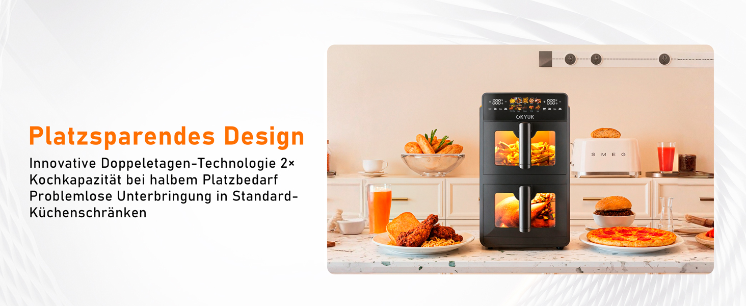 Фритюрниця без олії з 2 камерами на 10 літрів, Airfryer з 2 відсіками по 5л, тиха робота, 10 програм, приготування 2 страв одночасно, з оглядовим вікном, 3D циркуляція повітря